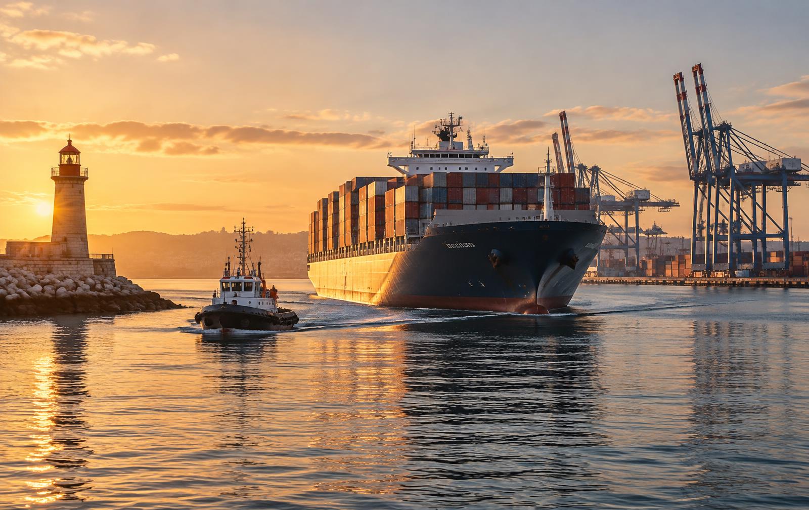Container ship and harbour tug entering port past a lighthouse at sunrise
